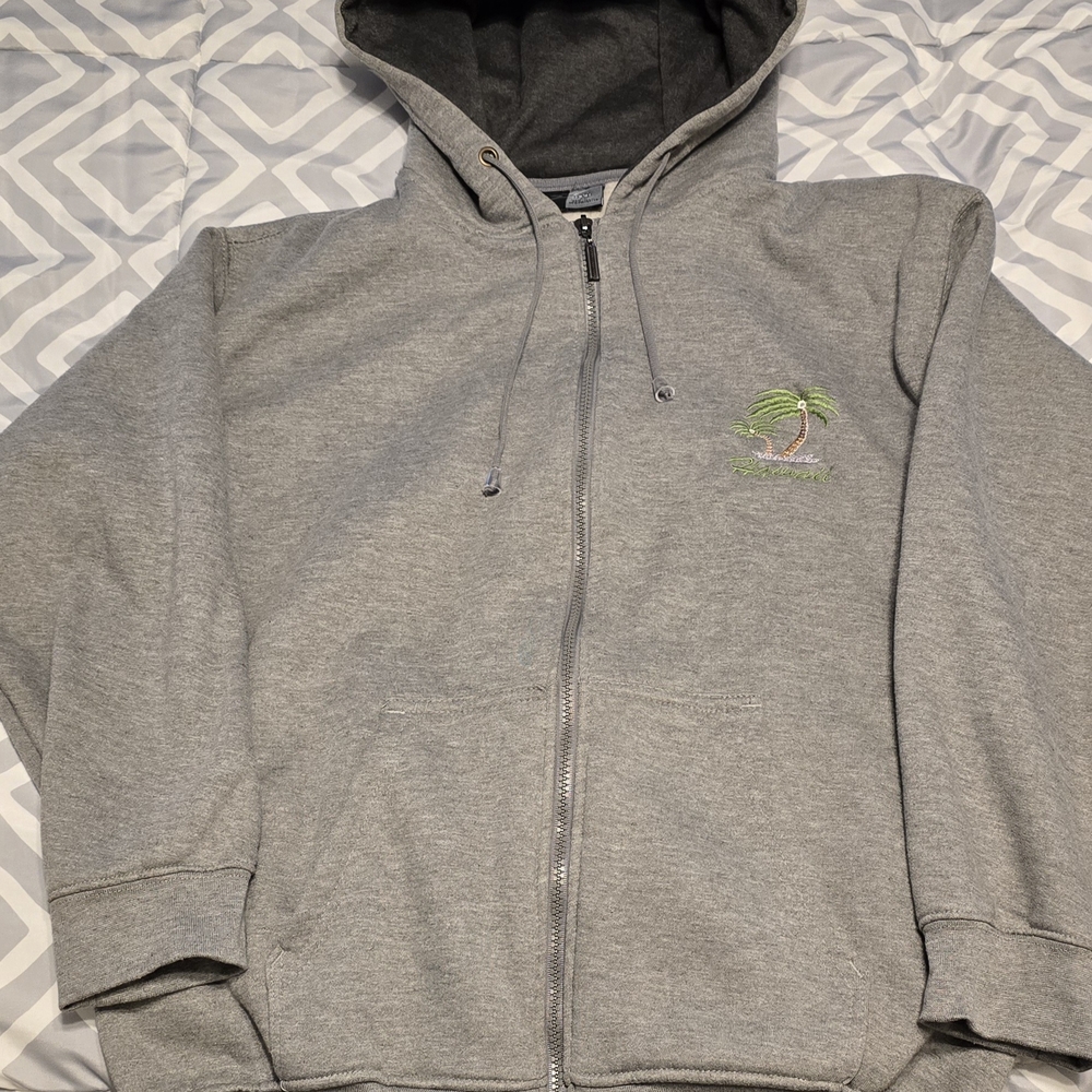 Gray Zip-Up Hoodie with Palm Tree Embroidery